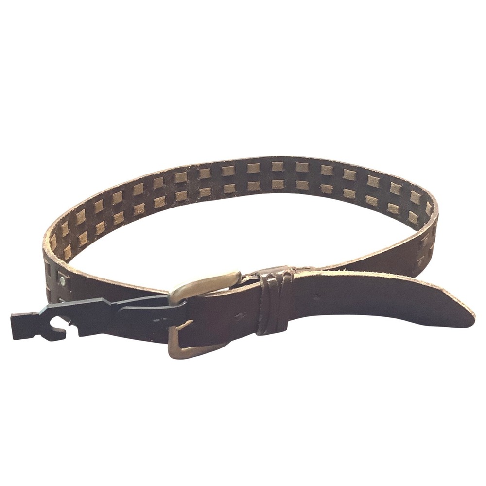 Vintage Dark Brown Leather Checkerboard Cutout Belt Solid Brass‎ Buckle 30